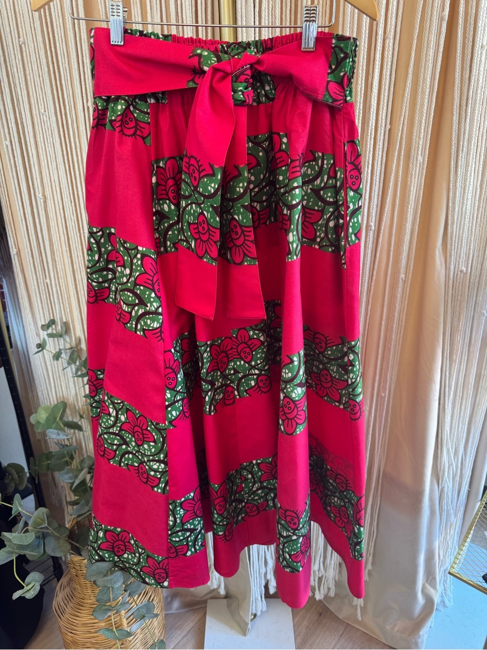vibrant pink green white faux Ankara print maxi skirt elastic waist sash ties